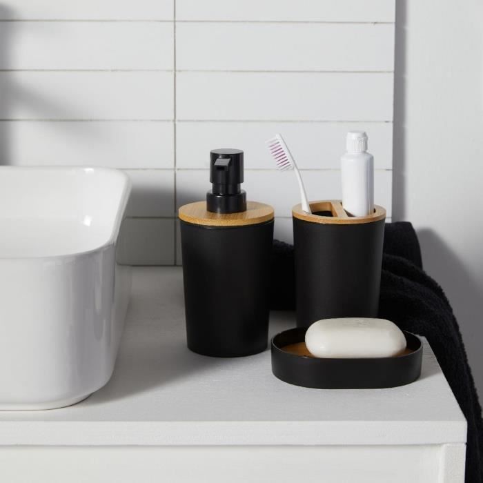 TODAY Set of 6 Bathroom Accessories - Soap Dispenser, Tumbler, Toothbrush Holder, Soap Dish, Toilet Brush, Waste Bin - Black