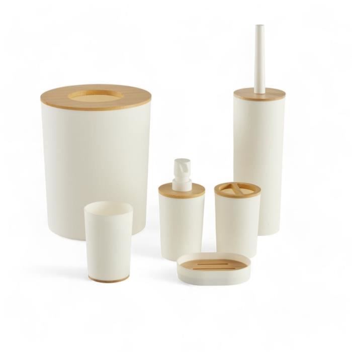 TODAY Set of 6 Bathroom Accessories - Soap Dispenser, Tumbler, Toothbrush Holder, Soap Dish, Toilet Brush, Waste Bin - White