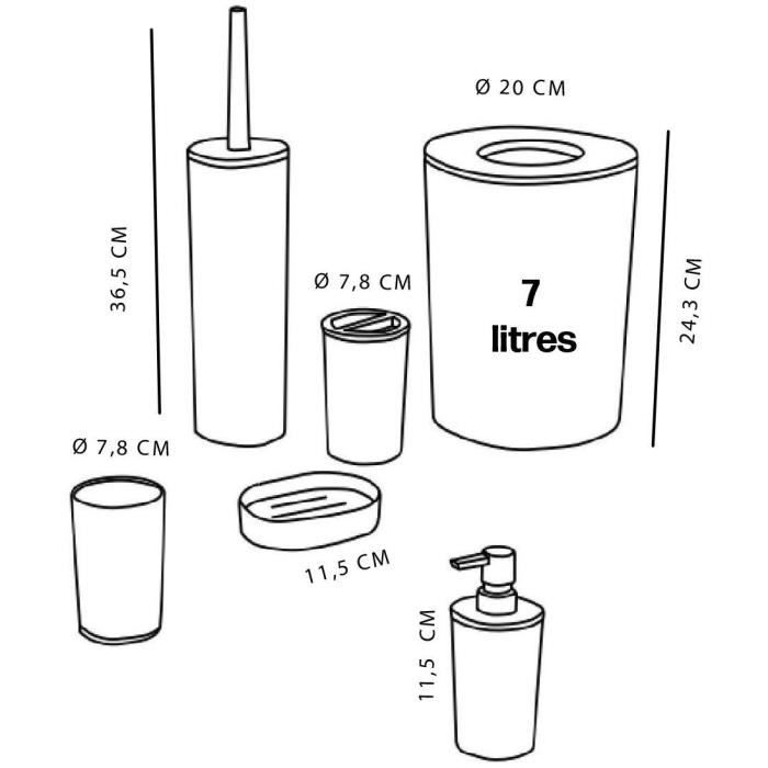 TODAY Set of 6 Bathroom Accessories - Soap Dispenser, Tumbler, Toothbrush Holder, Soap Dish, Toilet Brush, Waste Bin - White