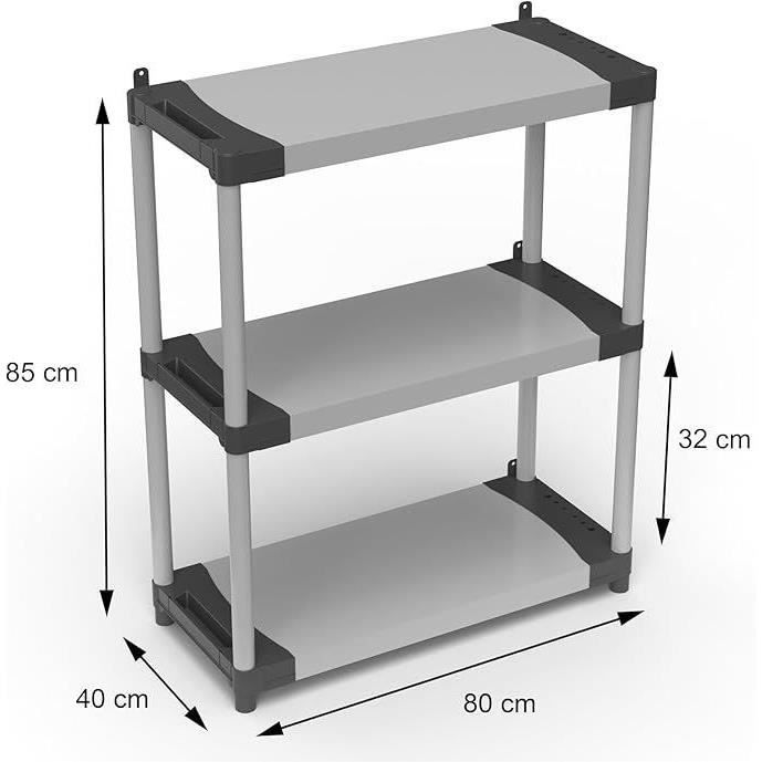 TOOD Plastic Shelving Unit - 3 Shelves - 80 kg per Shelf - 80x40x85 cm - Black/Grey