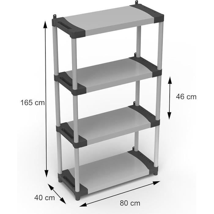 TOOD Plastic Shelving Unit - 4 Shelves - 80 kg per Shelf - 80x40x168 cm - Black/Grey