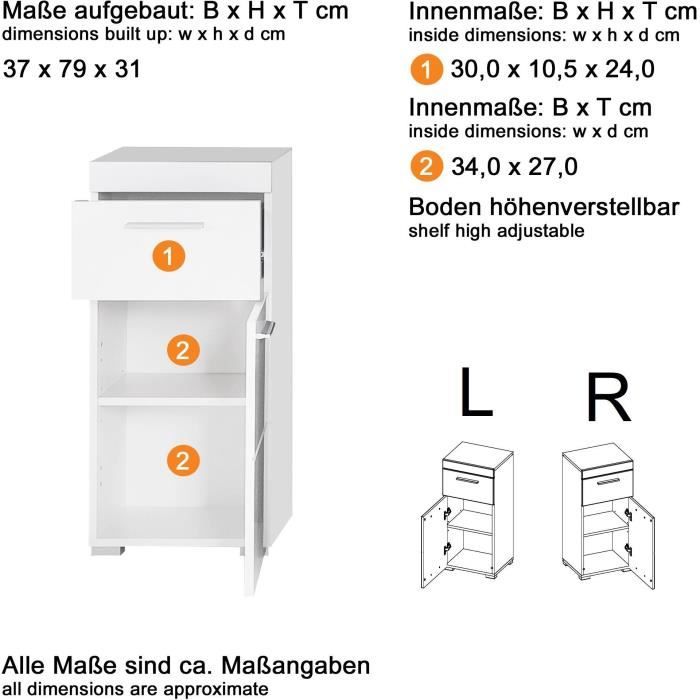 AMANDA Bathroom Cabinet - Low Storage Unit - W37 x D31 x H79cm - White