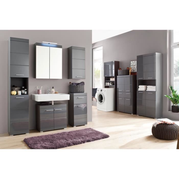 Meuble de salle de bain Rangement haut - 1 porte - Gris - L 37 x P 23 x H 77 cm - AMANDA