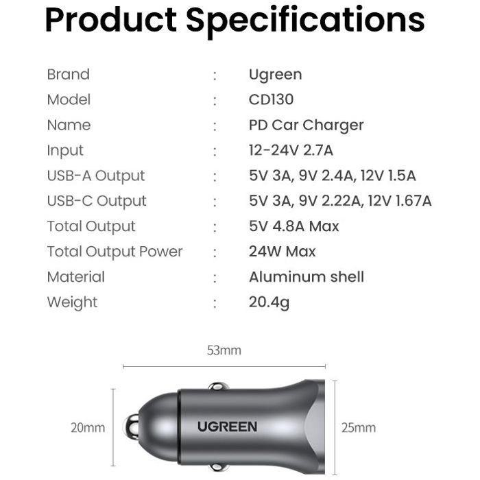 UGREEN Car Charger - 1 USB-C + 1 USB-A - 30W - Gray