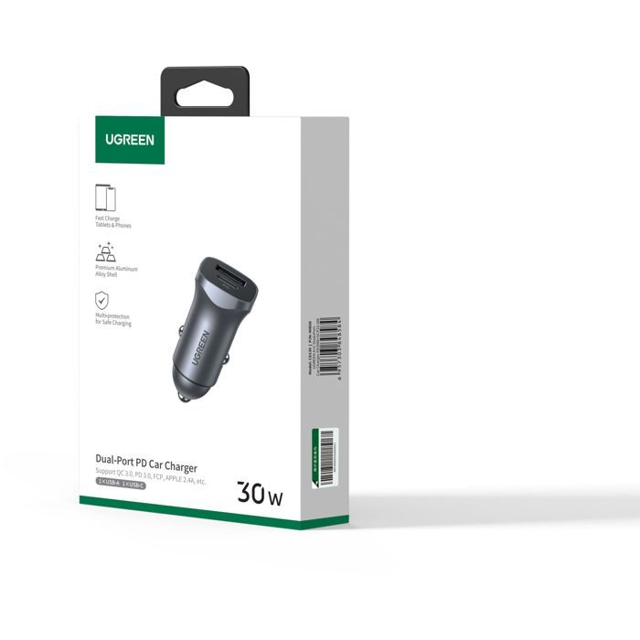 UGREEN Car Charger - 1 USB-C + 1 USB-A - 30W - Gray