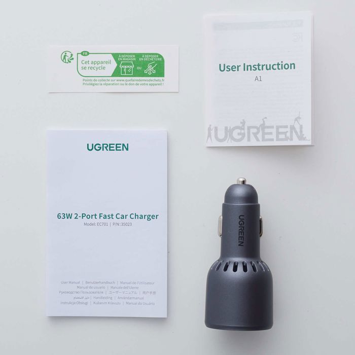 UGREEN Car Charger - 1x USB-C + 1x USB-A - 63W - Gray