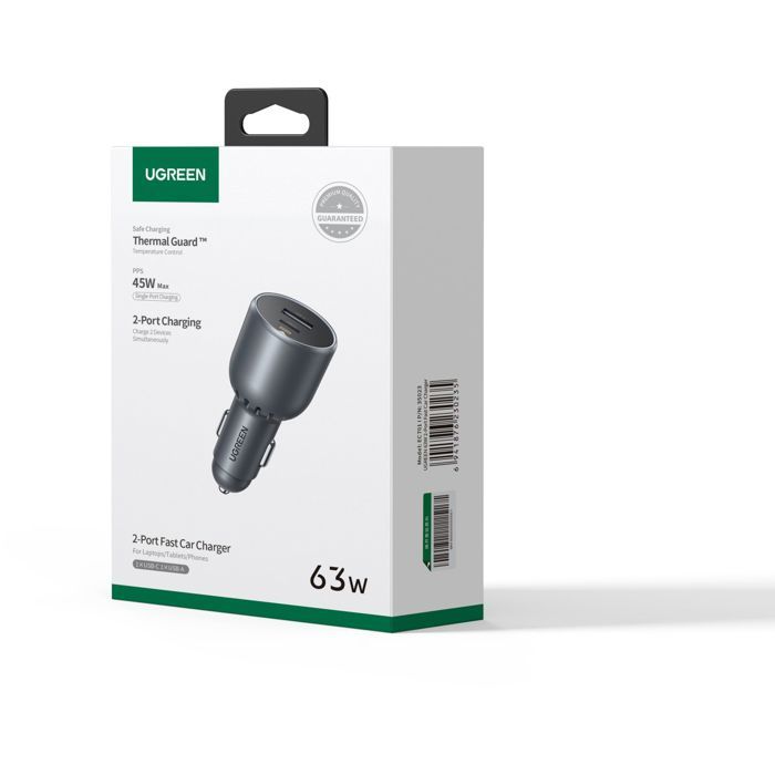 UGREEN Car Charger - 1x USB-C + 1x USB-A - 63W - Gray