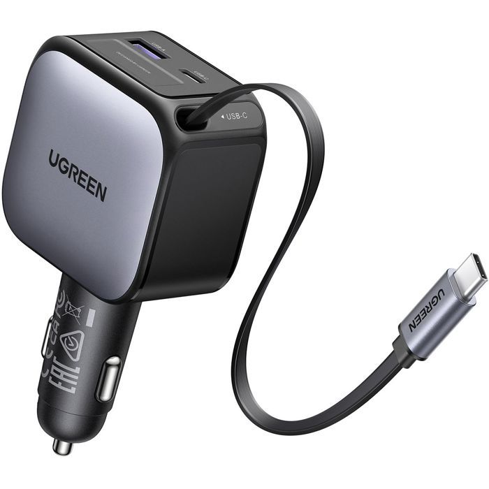 UGREEN Car Charger - 90W - USB-A + USB-C - Retractable - Black
