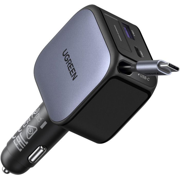 UGREEN Car Charger - 90W - USB-A + USB-C - Retractable - Black