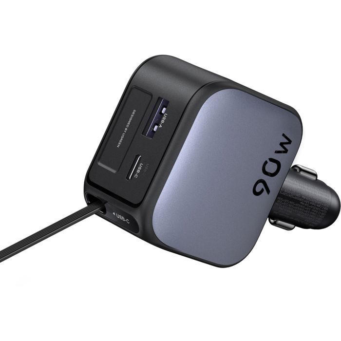 UGREEN Car Charger - 90W - USB-A + USB-C - Retractable - Black