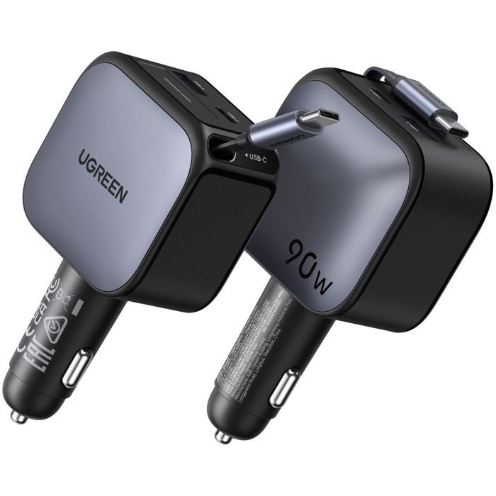UGREEN Car Charger - 90W - USB-A + USB-C - Retractable - Black