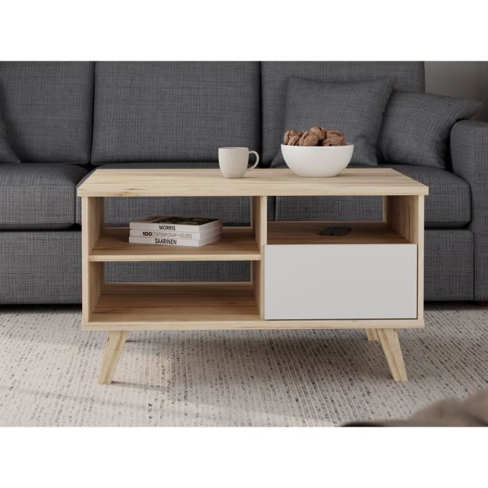 VANKKA Coffee Table - Rectangular - Oak/ Matte White - Wooden Legs - 90 x 60 x 51.8 cm