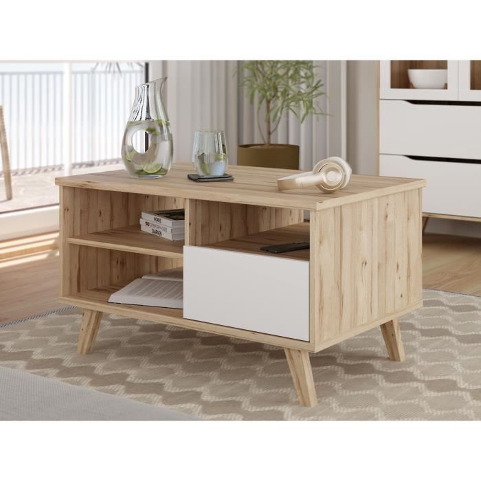 VANKKA Coffee Table - Rectangular - Oak/ Matte White - Wooden Legs - 90 x 60 x 51.8 cm
