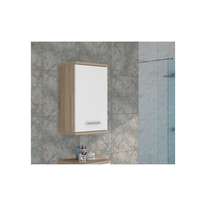 VERIS Wall-Mounted Bathroom Cabinet - White and Oak Finish - 1 Door - H68.8 x D29 x W40.2 cm