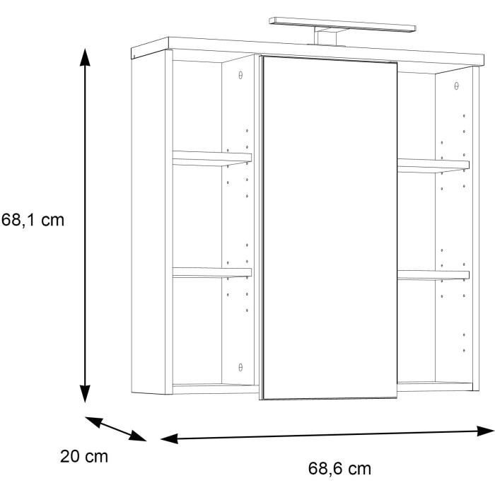 Armoire de toilette - Miroir de salle de bain  - Porte - niches et éclairage - L68,6 x P20 x H68cm