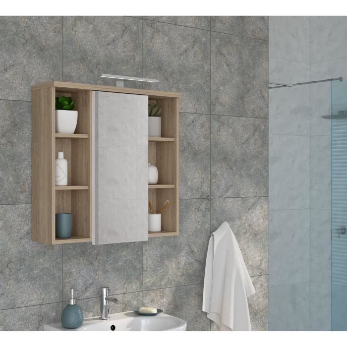 Armoire de toilette - Miroir de salle de bain  - Porte - niches et éclairage - L68,6 x P20 x H68cm
