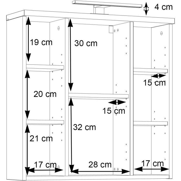 Armoire de toilette - Miroir de salle de bain  - Porte - niches et éclairage - L68,6 x P20 x H68cm