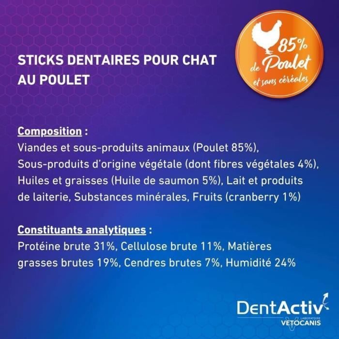 DentActiv - 10 Sticks - VETOCANIS - Chicken-Flavored Oral Hygiene for Cats