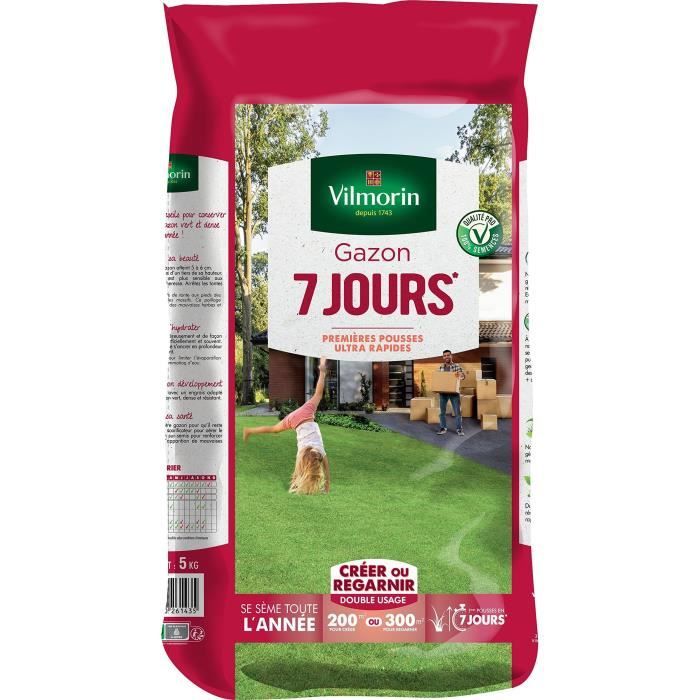 VILMORIN 7-Day Grass Seed - 5 kg - Ideal for New Lawns and Repairs