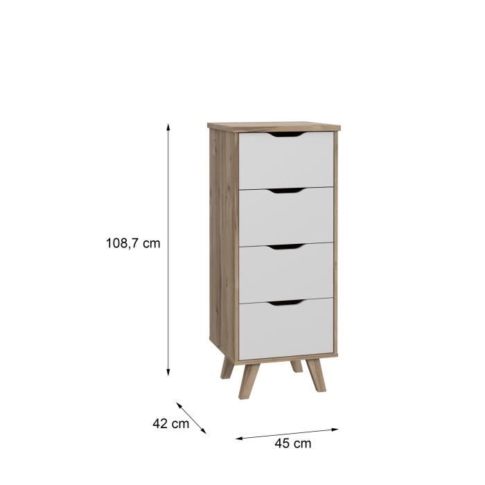 VANKKA - 4-Drawer Chest - Oak and White Finish - Scandinavian Style - W45 x D42 x H108 cm