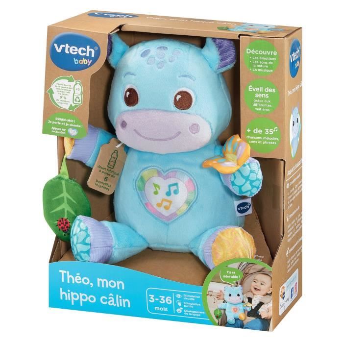VTECH Theo, My Cuddly Hippo - Interactive Plush Toy - 3-36 Months - Recycled Plastic Bottles
