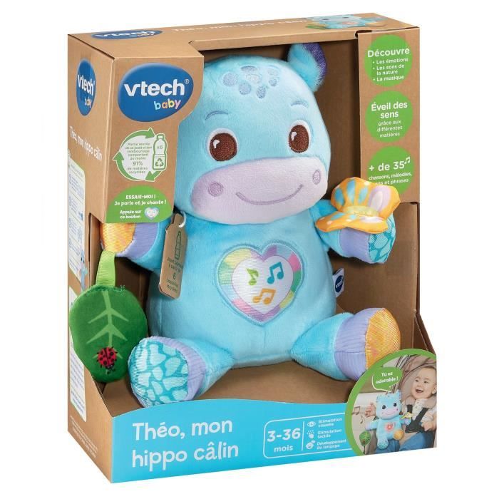 VTECH Theo, My Cuddly Hippo - Interactive Plush Toy - 3-36 Months - Recycled Plastic Bottles