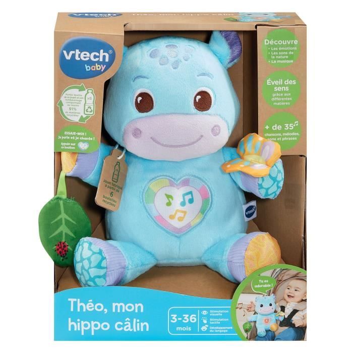 VTECH Theo, My Cuddly Hippo - Interactive Plush Toy - 3-36 Months - Recycled Plastic Bottles