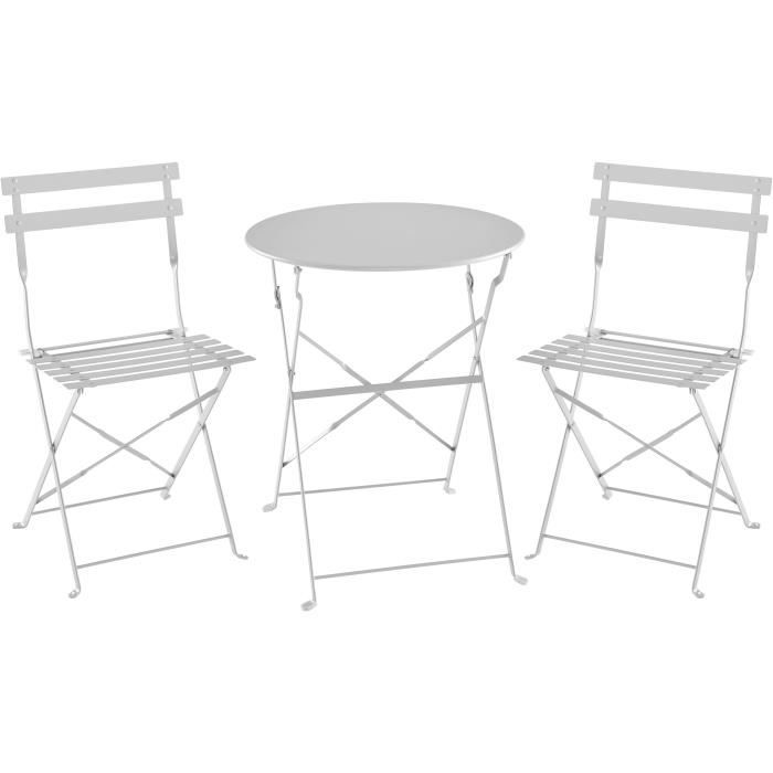 Bistro Set - 60 cm Folding Round Table + 2 Chairs - Powder-Coated Steel - Grey