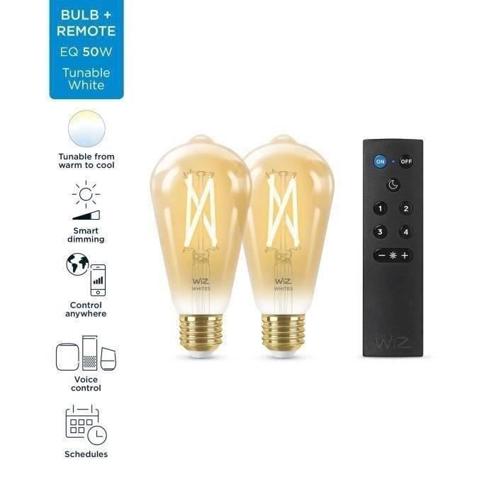 WiZ Starter Kit: 2 Edison-Style Smart Bulbs, Dimmable White, E27, 50W + Remote Control