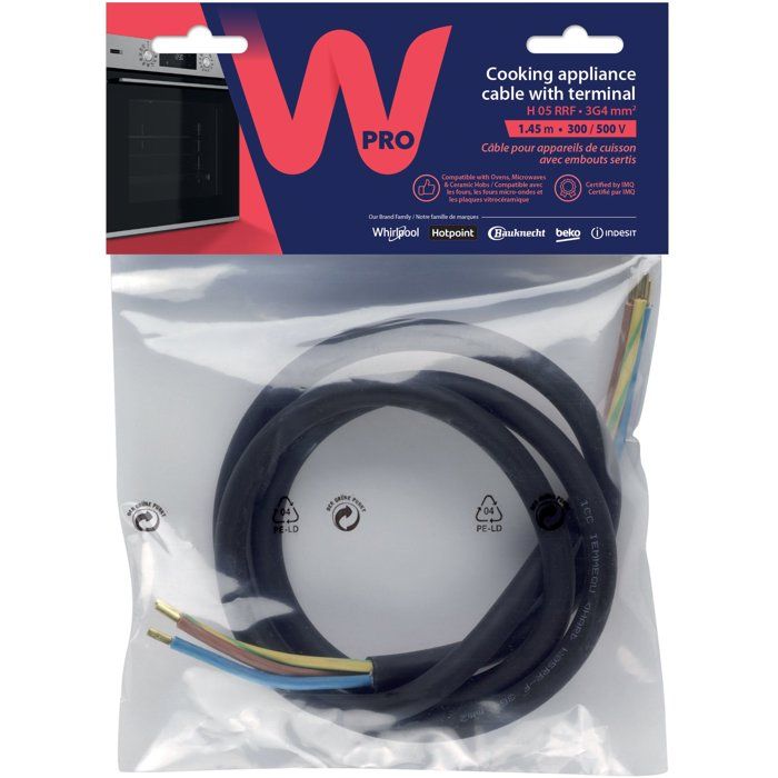 WPRO CCB340/1 - H05 RRF 3G4 cable without socket - length 1.45m for cooking devices <5750 watts