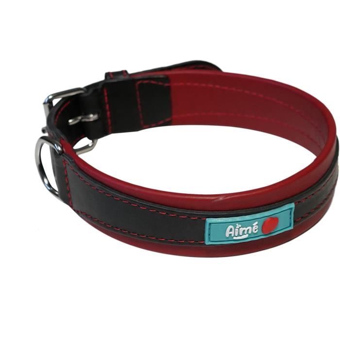AIMÉ Dog Collar - Basic Leather - Cowhide/Lambskin - Size L 43-52 cm - Black/Red