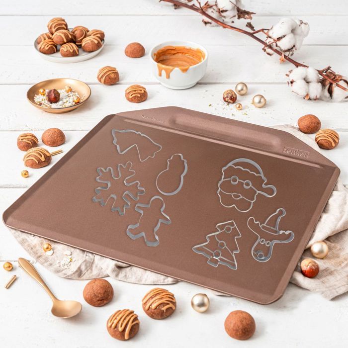 ZENKER Rimless Oven Tray and 7 Cookie Cutters - Stainless Steel - Christmas Shapes