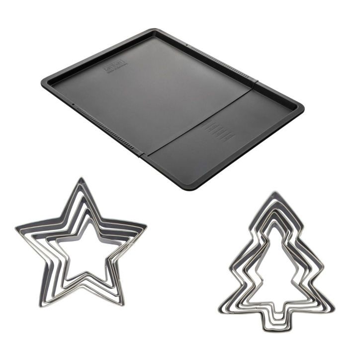 ZENKER Baking Tray Set - Expandable Tray + 10 Cookie Cutters - Stainless Steel - Christmas Shapes