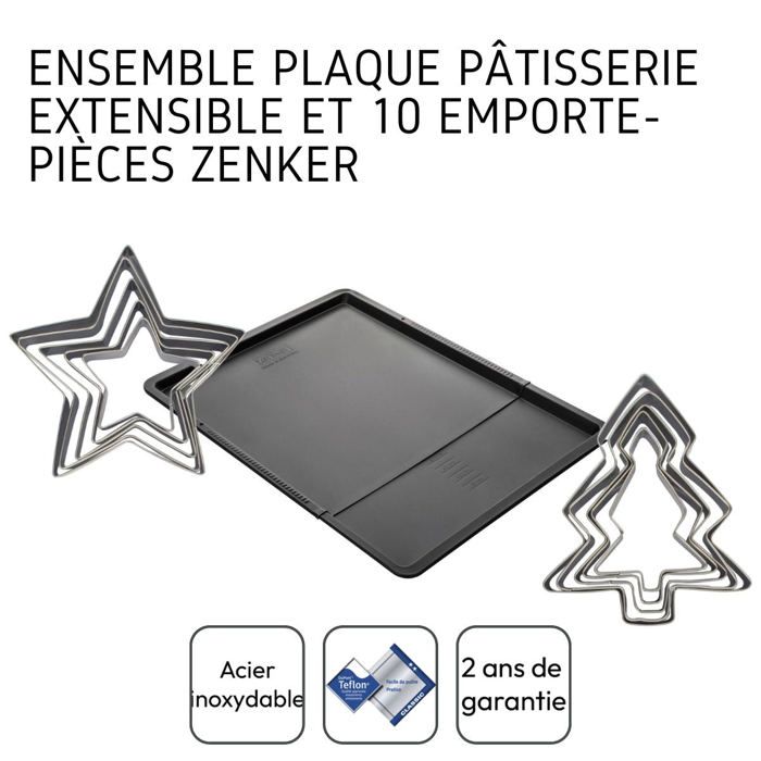 ZENKER Baking Tray Set - Expandable Tray + 10 Cookie Cutters - Stainless Steel - Christmas Shapes