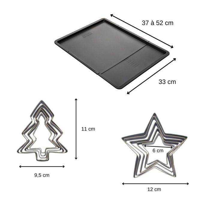ZENKER Baking Tray Set - Expandable Tray + 10 Cookie Cutters - Stainless Steel - Christmas Shapes