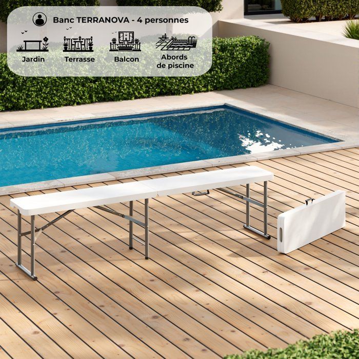 TERRANOVA Folding Reception Bench - White - Steel Frame - 180x28x43 cm 180x28xH43