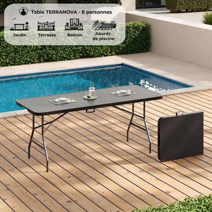 TERRANOVA Folding Reception Table - Black - Steel Frame - Seats 8 - 180x74xH73.5 cm