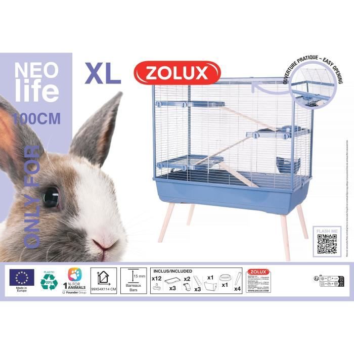 ZOLUX Cage rongeur surélevée  Néolife - 3 étages pour lapin - 99 x 54 x 114 cm - Bleu