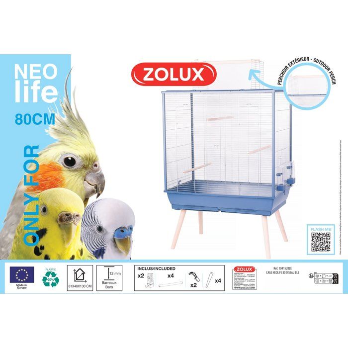 ZOLUX Elevated Wire Cage for Birds, Neolife - For Parakeets, Cockatiels, Canaries - 81 x 48 x 130 cm - Blue