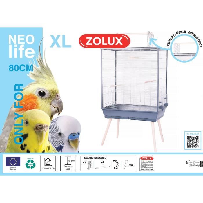 ZOLUX Elevated Wire Cage for Birds, Neolife - 81 x 48 x 152 cm - Grey