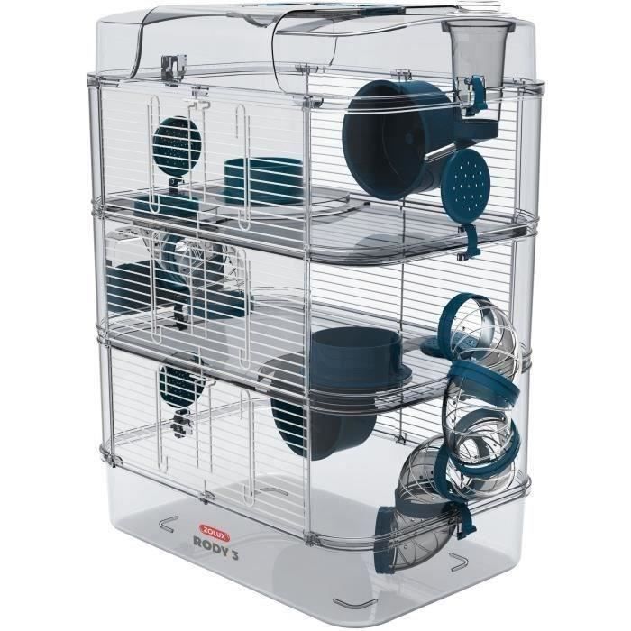 ZOLUX Rody3 Trio 3-Tier Cage for Hamsters, Mice, Gerbils - L 41 x W 27 x H 53 cm - Blue