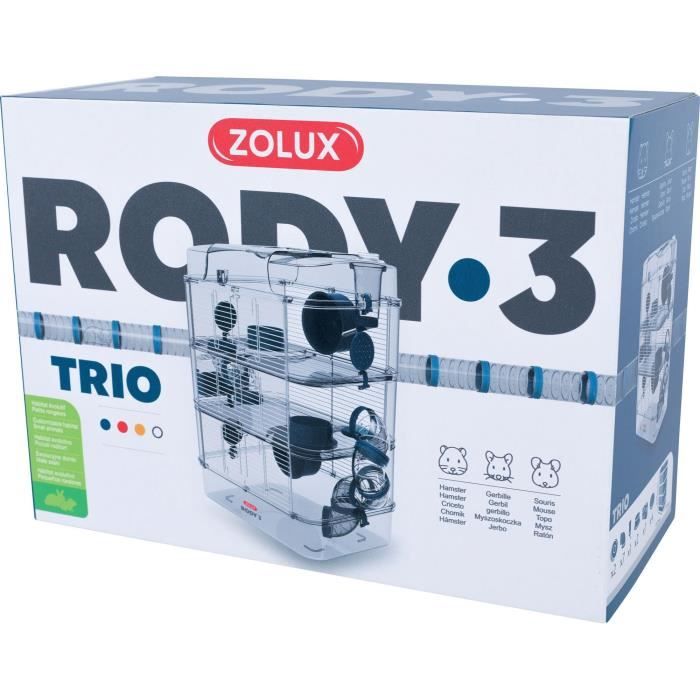 ZOLUX Rody3 Trio 3-Tier Cage for Hamsters, Mice, Gerbils - L 41 x W 27 x H 53 cm - Blue