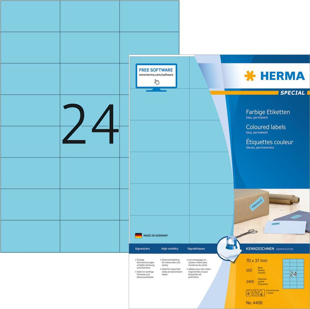 HERMA SuperPrint - Selbstklebende Etiketten - Blau - 37 x 70 mm - 100 Stck. (4408)