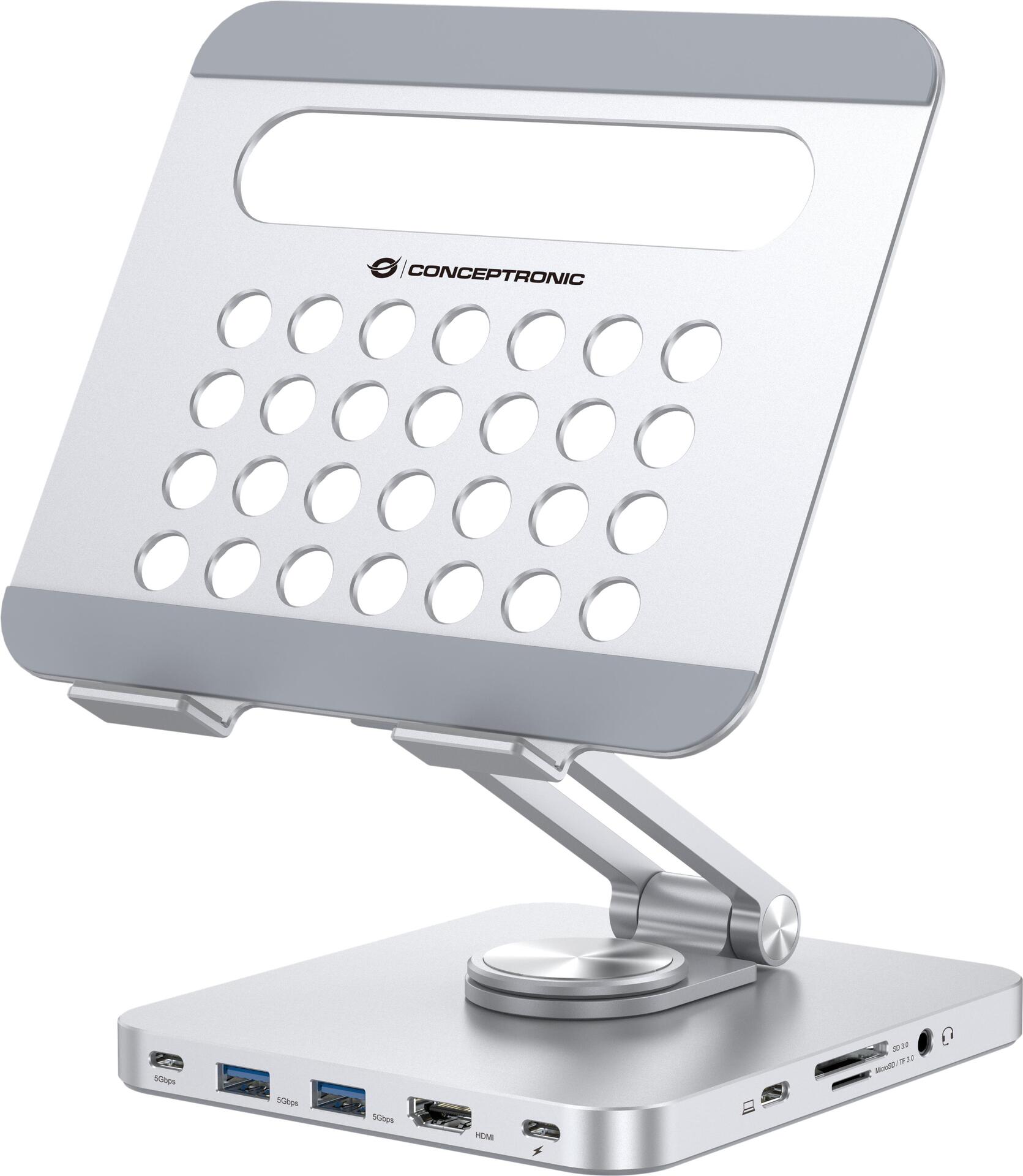 Conceptronic DONN26G Tablet Stand with 8-in-1 Docking Station - 360° Rotating Base - Foldable - Height Adjustable (DONN26G)
