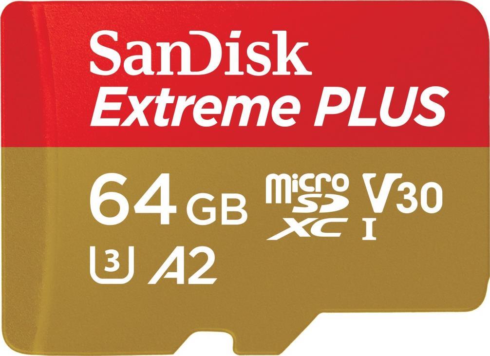 SanDisk micro SDXC Card 64GB Extreme PLUS (200 MB/s Class 10, UHS-I U3 V30) + Adapter (SDSQXBU-064 G-GN6MA)