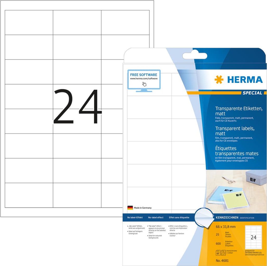 HERMA SuperPrint Self-Adhesive Labels Matte Transparent 33.8x66mm 600 pcs 4681