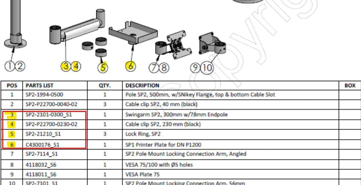 Ergonomic Solutions KIT Swingarm AP2 Cable Clip SP2 Lock Ring Printer Plate DN P1200 Black