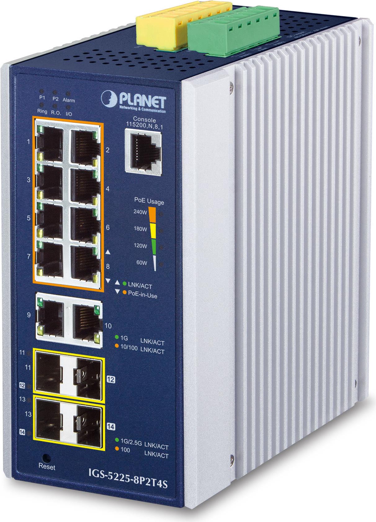 PLANET IP30 Industrial L2+/L4 - 8-Port Managed L2+ Gigabit Ethernet Switch - Aluminium - Blau (IGS-5225-8P2T4S)