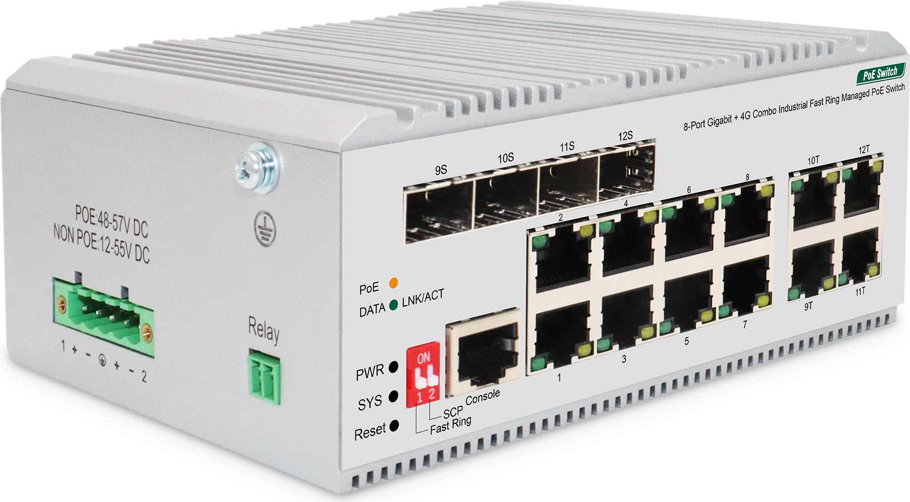 Digitus 8-Port Gigabit Ethernet Network PoE Switch, Industrial, L2 Managed, 4 SFP Uplinks RJ-45