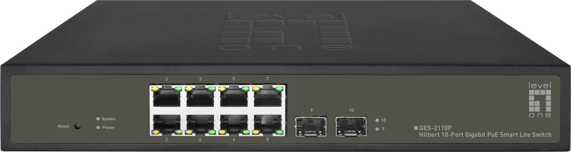 LevelOne Hilbert 10-Port Gigabit PoE Smart Lite Switch 8 PoE Outputs 130W (GES-2110P) 802.3at/af